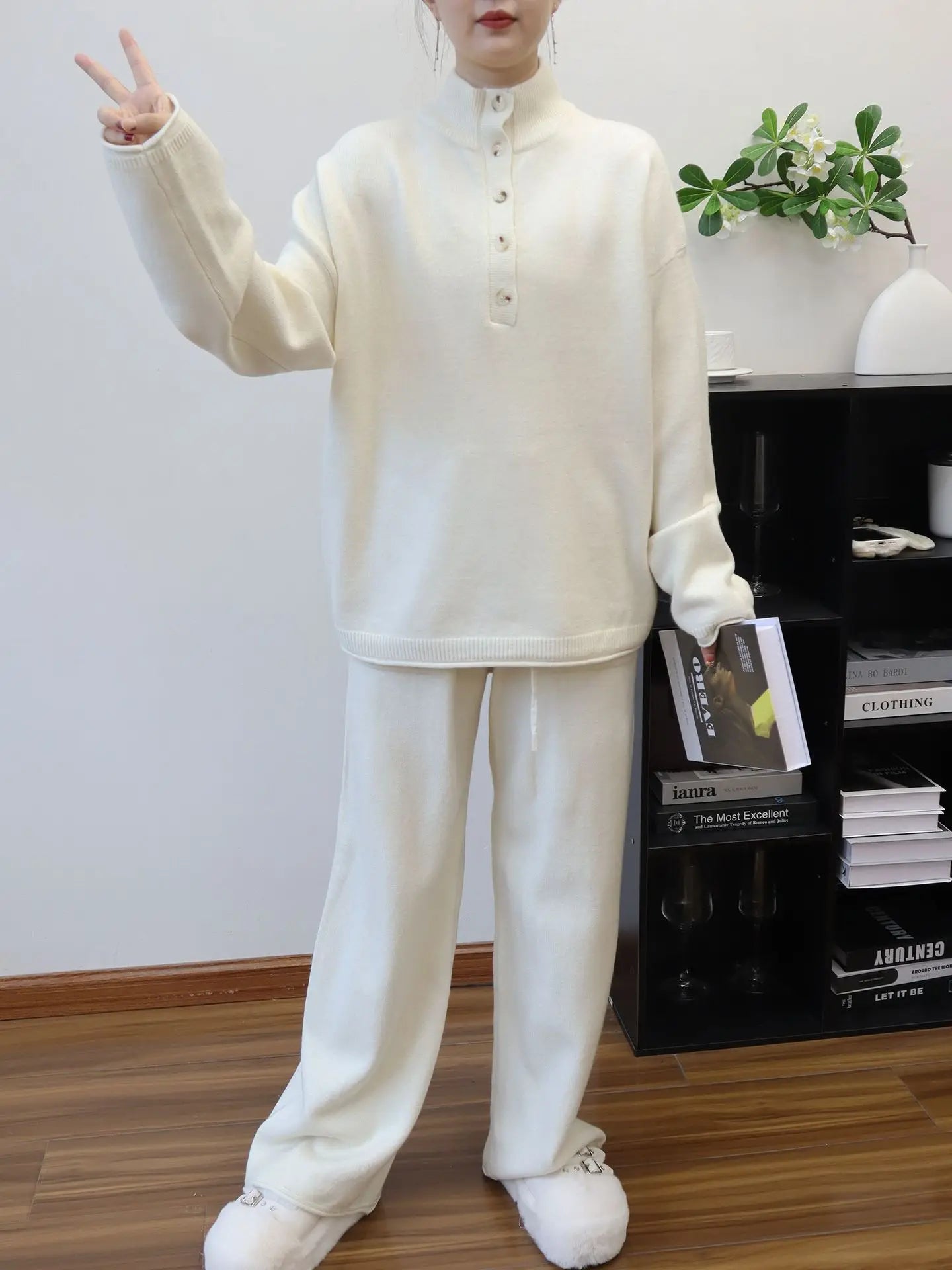 Pant Set Women Two Piece Sets Stand Collar Full Sleeve Knit Tops Wide Leg Long Pants Lace Up Elastic Waist Y2k Streetwear