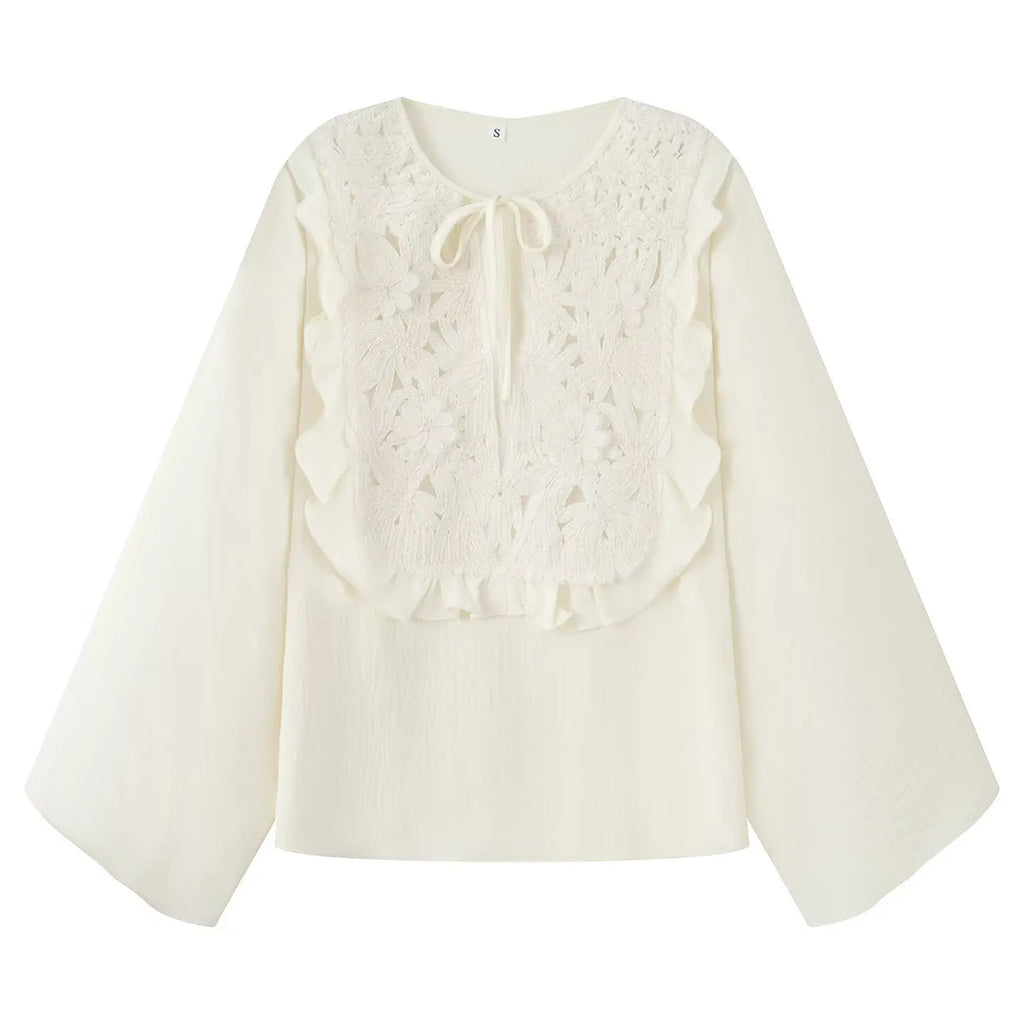 Women's Embroidery Crochet Hollow Shirts High Waist Skirt Suit Suit Mesh O-neck Full Sleeve Blouse Solid Color Skirt Set