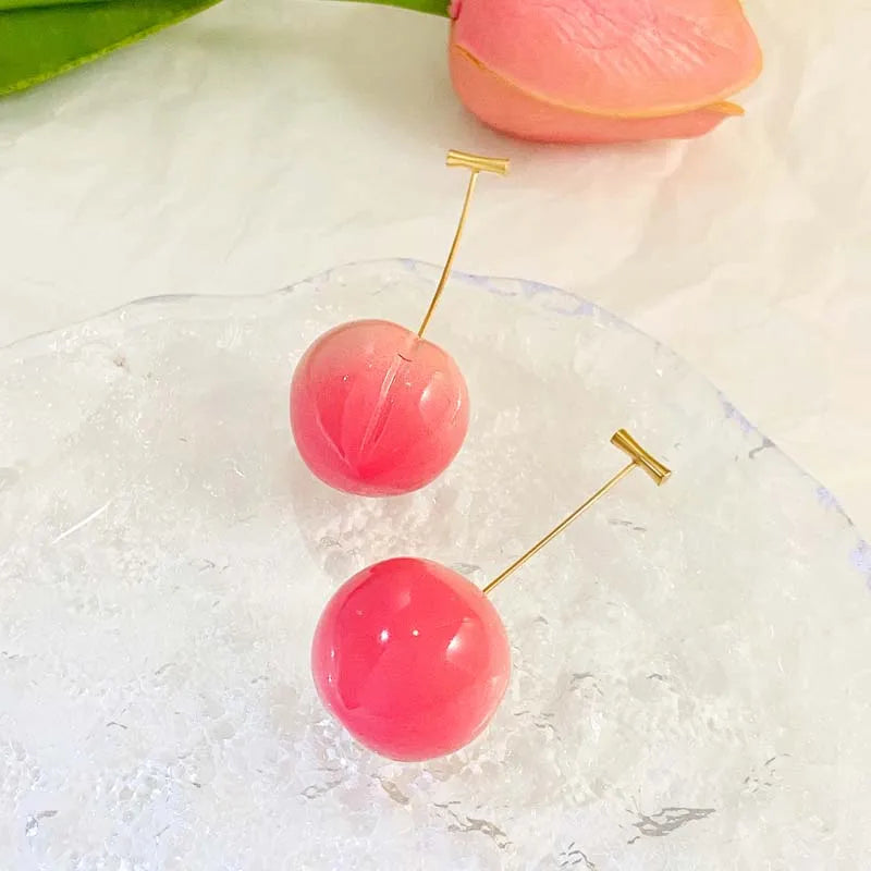 2025 New Fashion Pink Cherry Pendant Earrings For Women Kpop Sweet Lovely Acrylic Resin Fruit Long Drop Earrings Jewelry