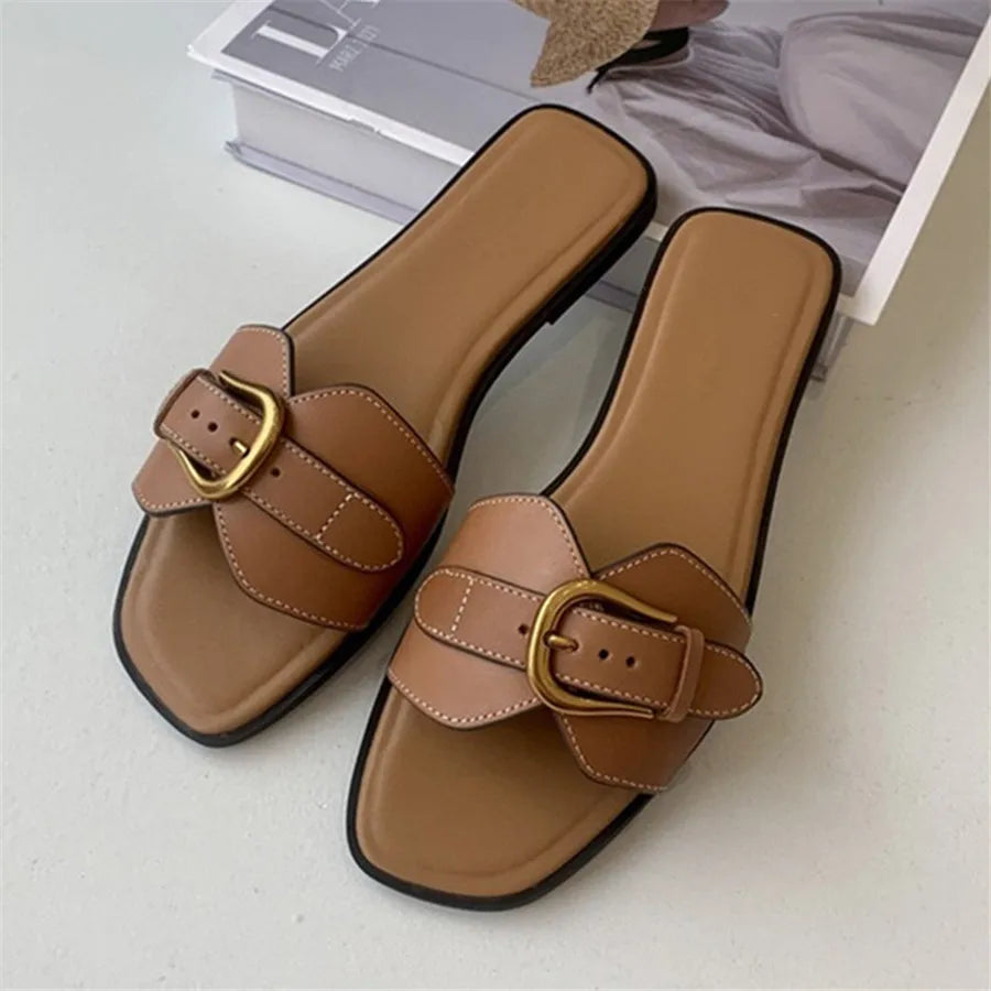 Slippers for Woman 2025 Summer Beach Flats Ladies Buckle Slides Gladiator Sandals Luxury Leather Mules Zapatos Mujer