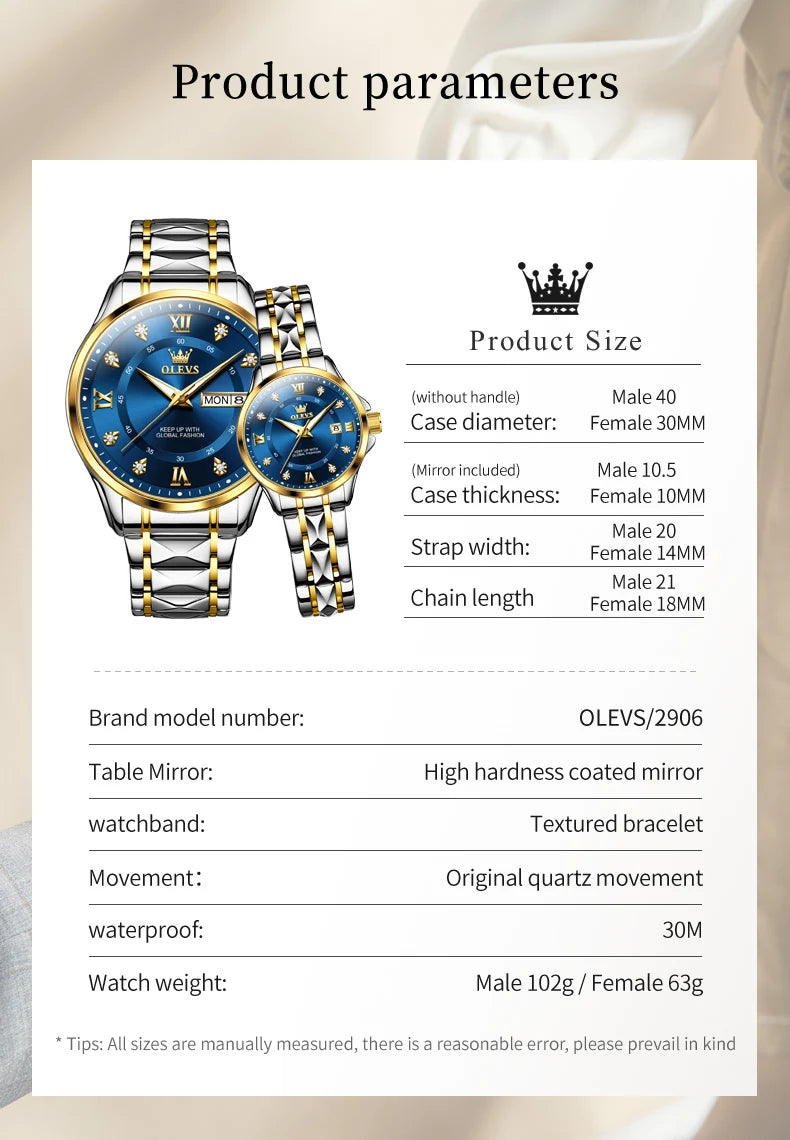 OLEVS 2906 Couple Watch Luxury Stainless Steel Waterproof Clock Fashion Roman Scale Diamond Calendar Dial Men Women Quartz Watch