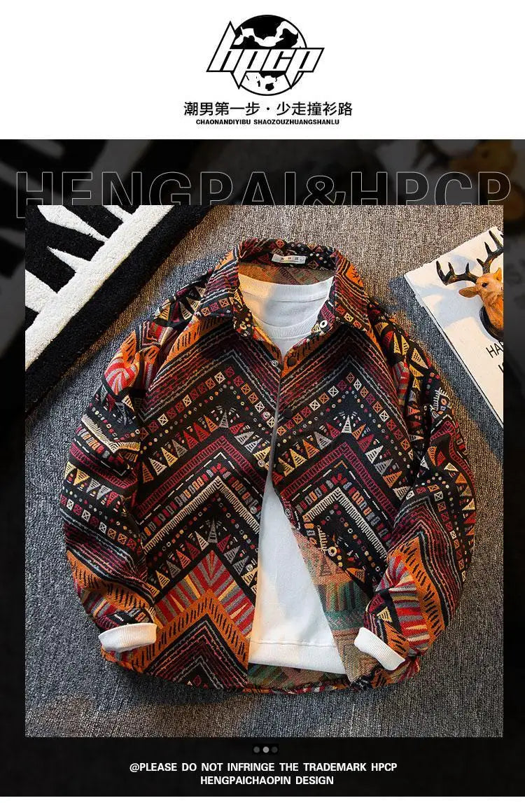 Men's high-density woven shirt men's high-end retro ethnic style long sleeved shirt trendy clothing jacket men clothing shirt