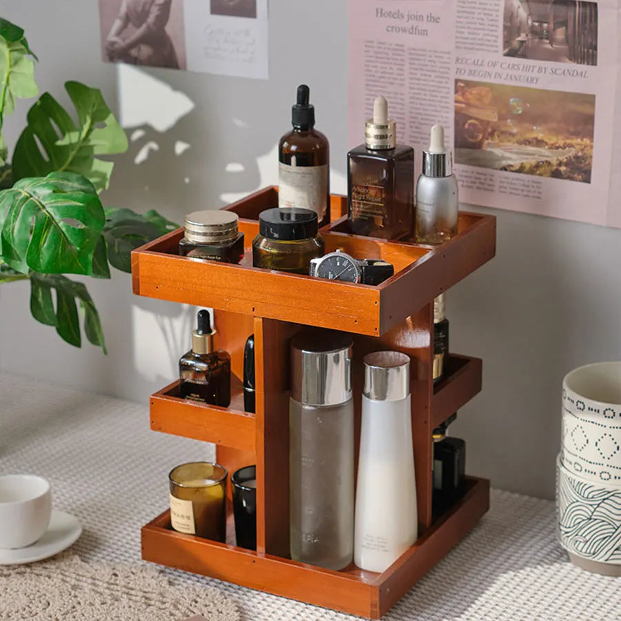 Wooden cosmetics rotating storage rack, can hold small items and cosmetics, suitable for bedrooms, dressing tables,and bathrooms