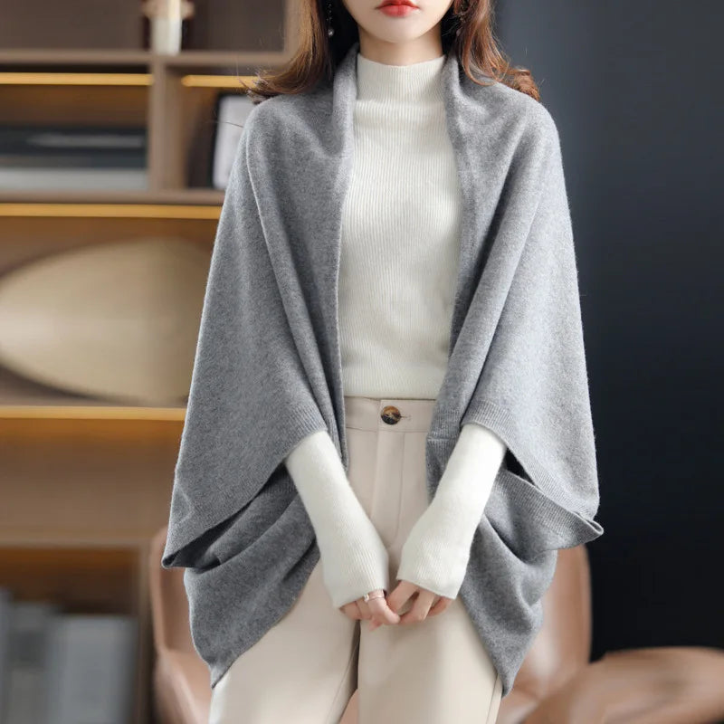 100%Wool Women's Knitted Shawl Scarf Soft Warm Knitwear Cardigan Cloak Wraps Shoulder Neck Protect Pashmina Scarves Dual Use