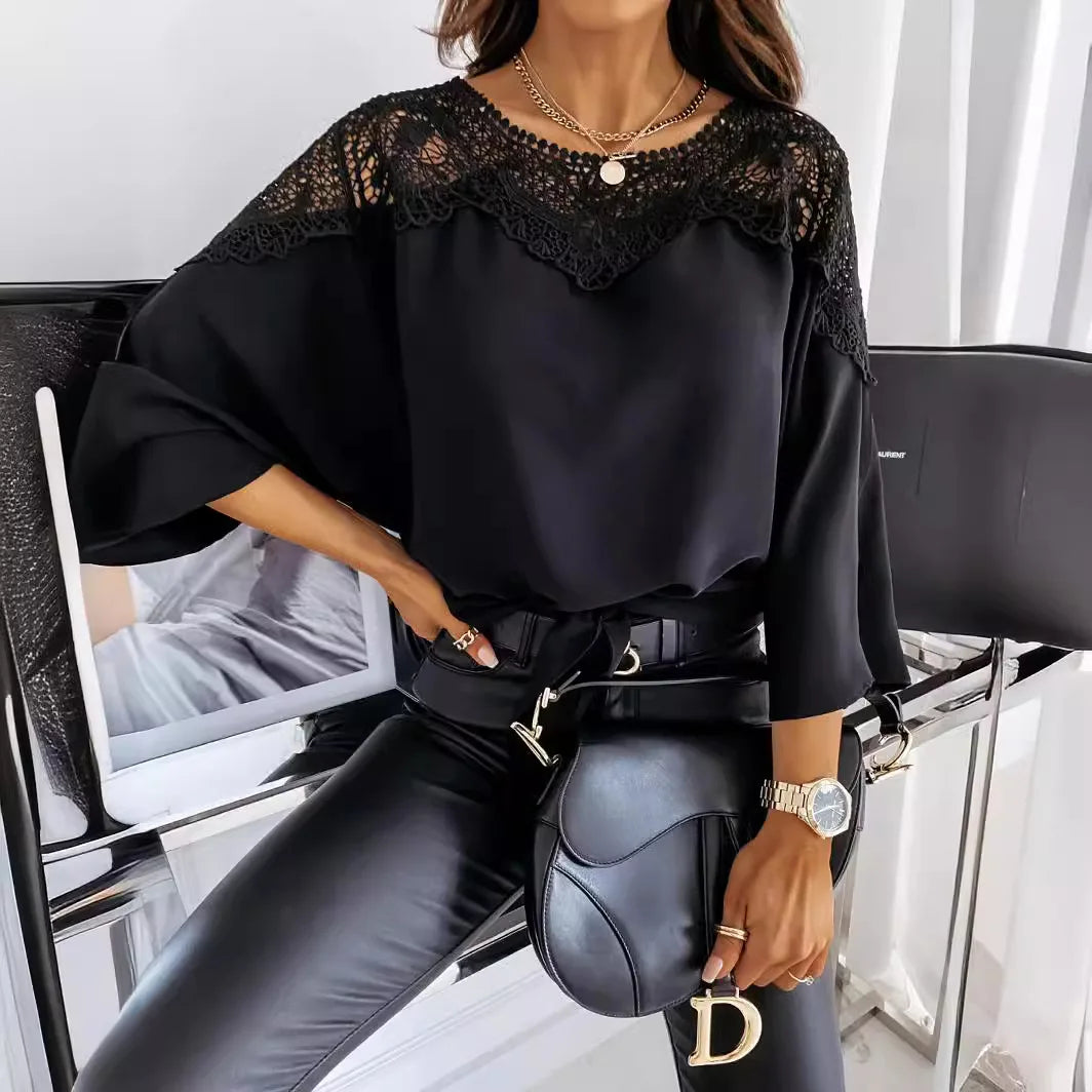Women's Blouses T-shirt Long Sleeve Lace Stitching White Office Loose Elegant Black Shirt for Women