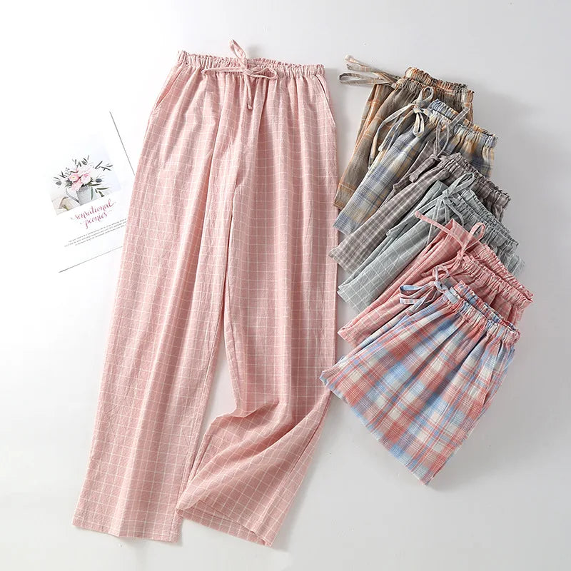 Pajama Pants Women Plaid Cotton Home Trousers Loose Breathable and Soft Straight Leg Trousers Fashionable Sleeping Pants