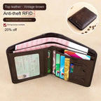 Men's Wallets RFID Blocking Genuine Leather Trifold Business Short Purse Wallet for Men with ID Window and Credit Card Holder