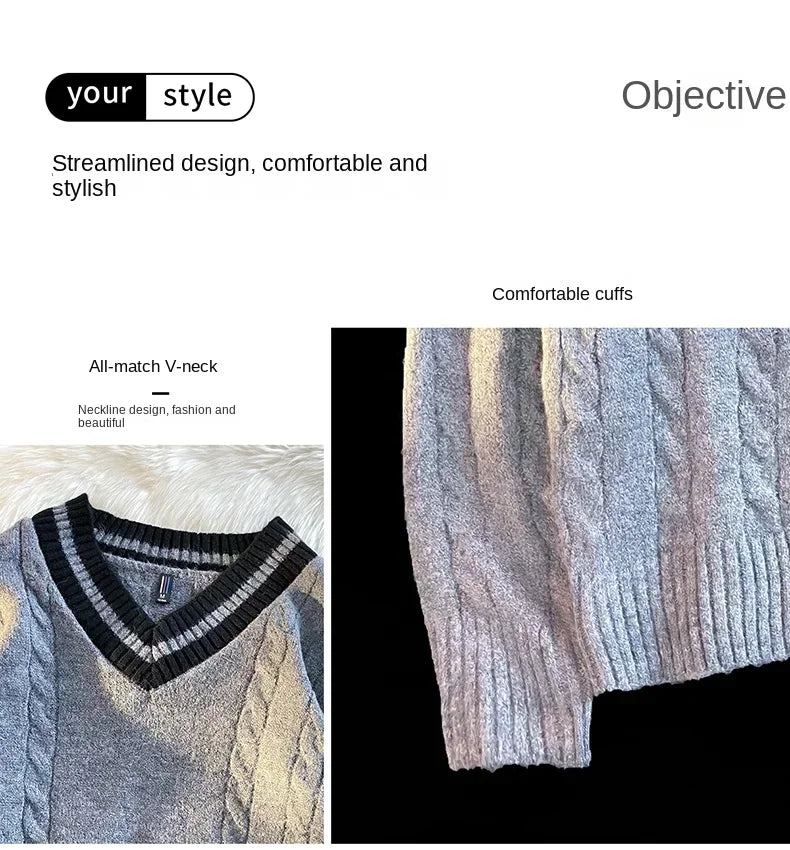 Autumn and Winter New 2024 Men's Casual Fashion Simple V-neck Loose Warm Sweater Men's Home Decoration Casua