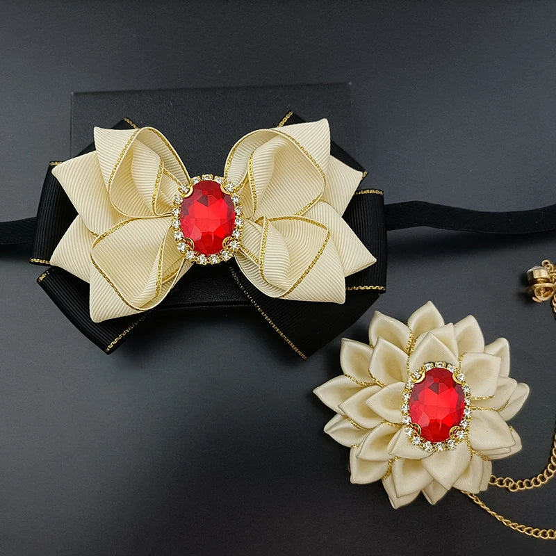 Wedding Bow Tie Corsage Men's Business Banquet Concert Suit Shirts Accessories Jewelry High-end Crystal Collar Flower Brooch Set