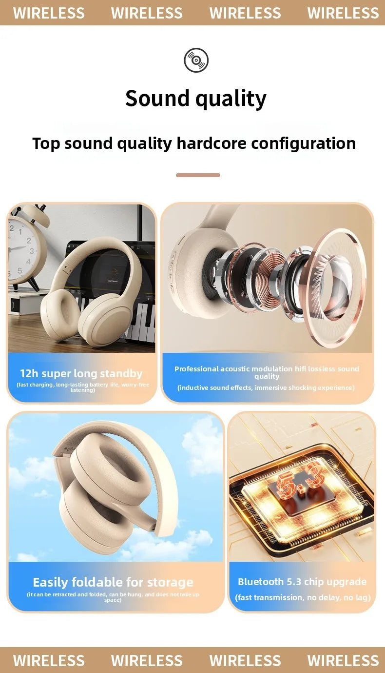 Wireless Bluetooth Headphones Over Ear HIFI Stereo Headsets Noise Reduction Sports Gaming Earphones Music Player with Mic gifts