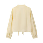 Women Striped Printed Lace-Up Shirt With Bow New Puff Long Sleeves V-Neck Hollow Out Blouses Sweet Ladies Fashion Tops