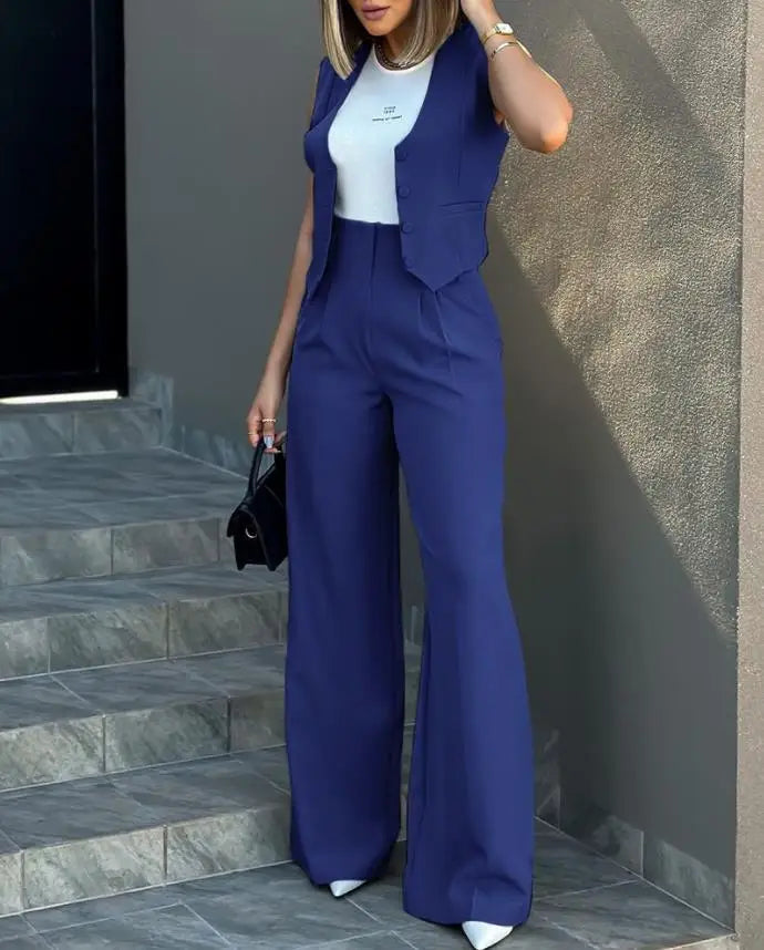 Pant Sets Women Wide Leg Pants Two Piece Suit Single Breasted Vets Sleeveless High Waist Elegant Trousers Pockets Solid Outwear