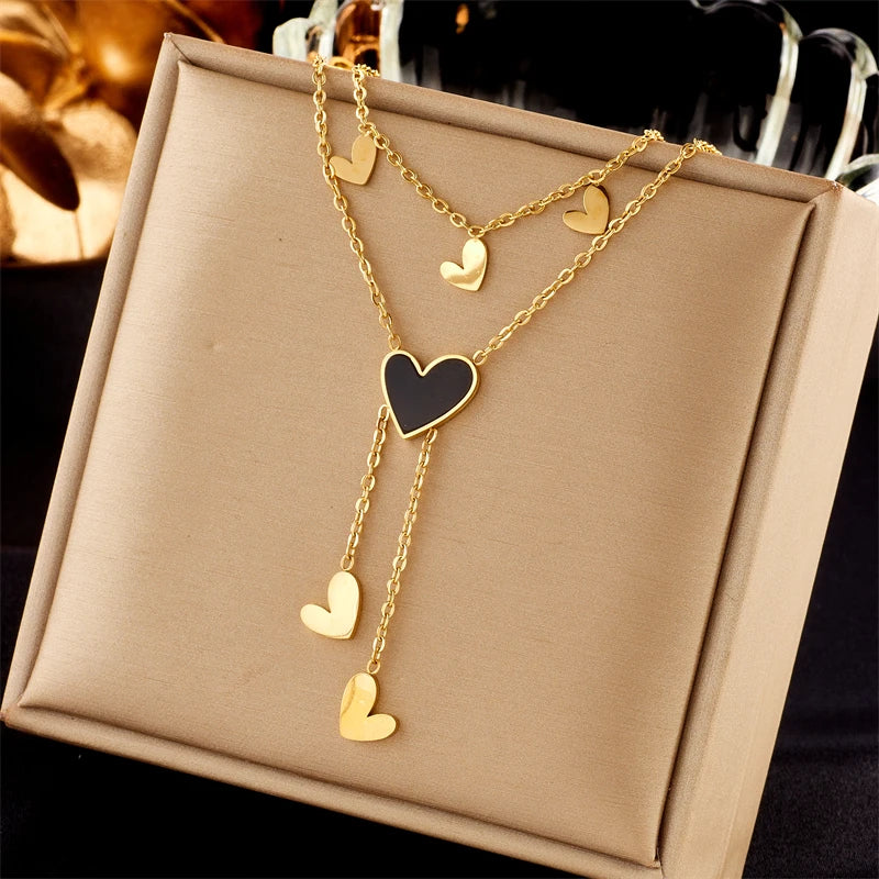 DIEYURO 316L Stainless Steel Black Heart Pendant Necklace For Women New Vintage Girls Clavicle 2in1 Chain Jewelry Birthday Gifts