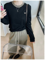 Women's Pullover Autumn/Winter 100% Wool Sweater Stitching Casual Knit Sweater Round Neck Tops Ladies Clothes Embroidery Blouse