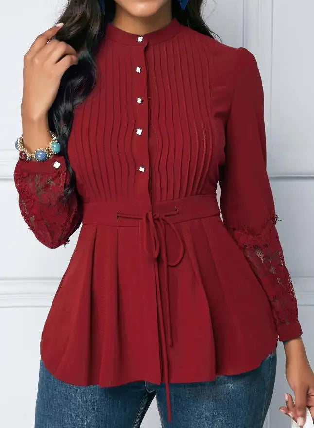 Women's Elegant Lace Blouses European & American Single-Breasted Open-Neck Stitching Fashion Chiffon Office Shirt Top for Women