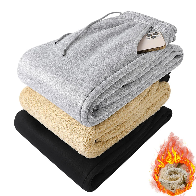 Pants for men in autumn and winter, thickened with fleece for outerwear, casual pants, warm lamb wool sports sweatpants