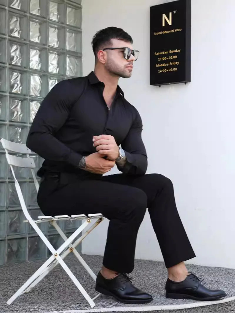 Men's formal shirt, summer long-sleeved, thin, business casual, breathable, no-iron, slimming, solid black color