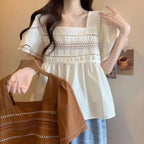 Women's Clothing Folk Embroidery Shirt Casual Loose Stylish Folds Hollow Out Summer Short Sleeve Elegant Square Collar Blouse