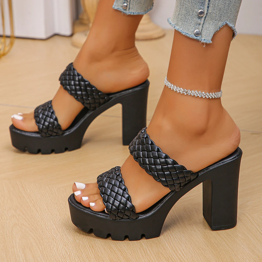 Women High Heels Sandals Fashion Weave Thick Heel Slippers Square Toe Summer Casual Ladies Slides Slip on Beach Sexy Shoes Woman