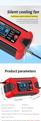 Battery Charger 12V 8A  24V 4A Smart Fast Charging for Car Batteries 8-Stage Charge Pulse Repair for AGM GEL WET Lead Acid