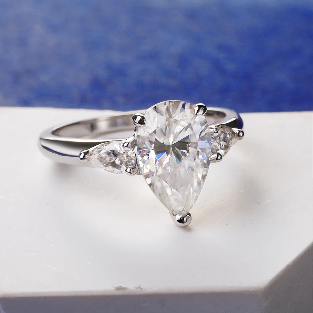 1/2/3/4ct Pear Cut All Moissanite Engagement Rings for Women 925 Sterling Silver 3-Stone Waterdrop Shape Wedding Bands Jewelry
