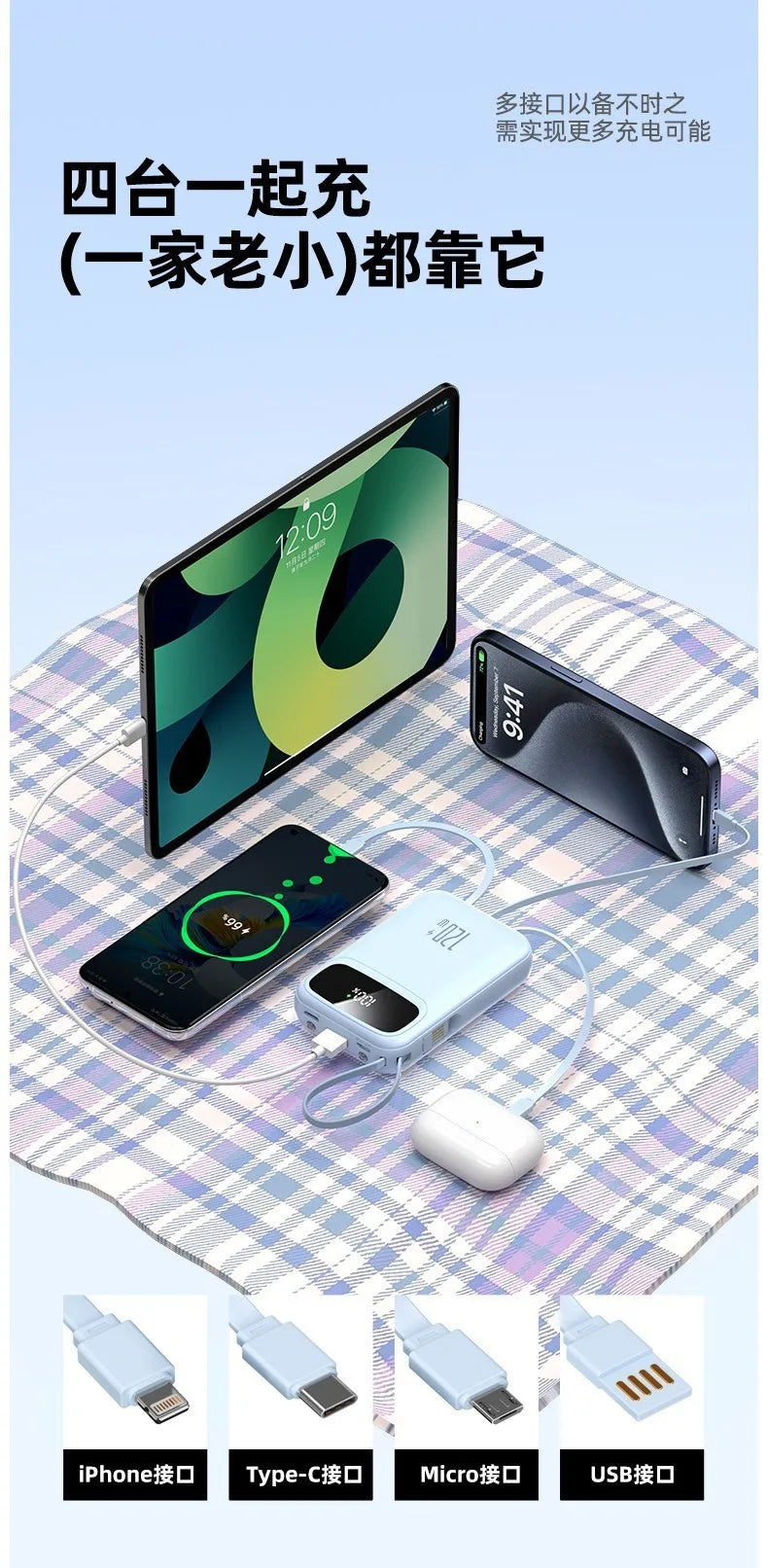 120W Power Bank Super Fast Charging 20000mAH Large Capacity 4 Cables Portable 22.5W Mobile Source Battery Mini