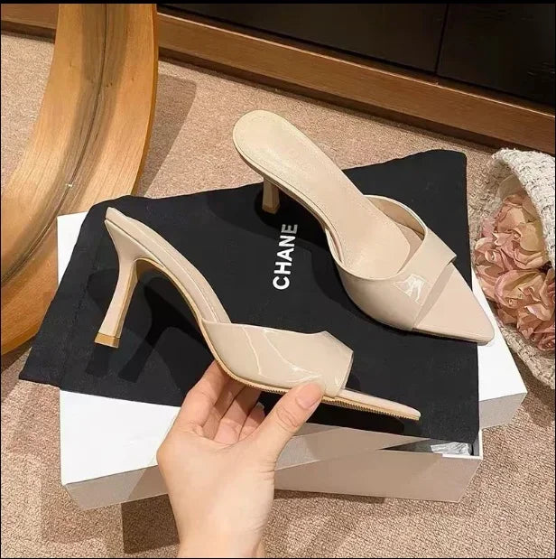 Women's High Heel Slippers Thin Heels Pointed Toe Solid Slippers Women Dress Banquet Summer Mature Concise Zapatillas De Mujer