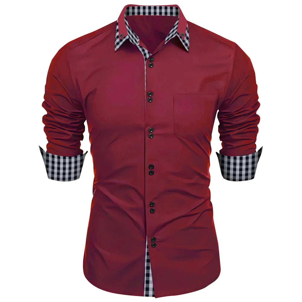 New men's shirt - traditional long-sleeved double-breasted plain-colored loose-fitting office shirt - men's business casual top