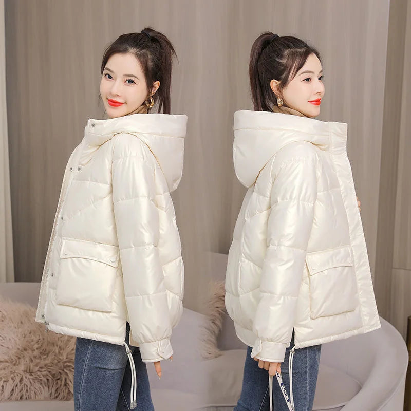 Winter Jacket Women 2025 New Glossy Down Cotton Jacket Hooded Parka Warm Cotton Padded Jacket Casual Outwear Female Tops