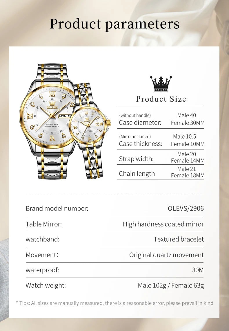 OLEVS 2906 Couple Watch Original Roman Scale Diamond Dial Luxury Quartz Watch For Men Women Rhombus Strap Waterproof Hand Clock
