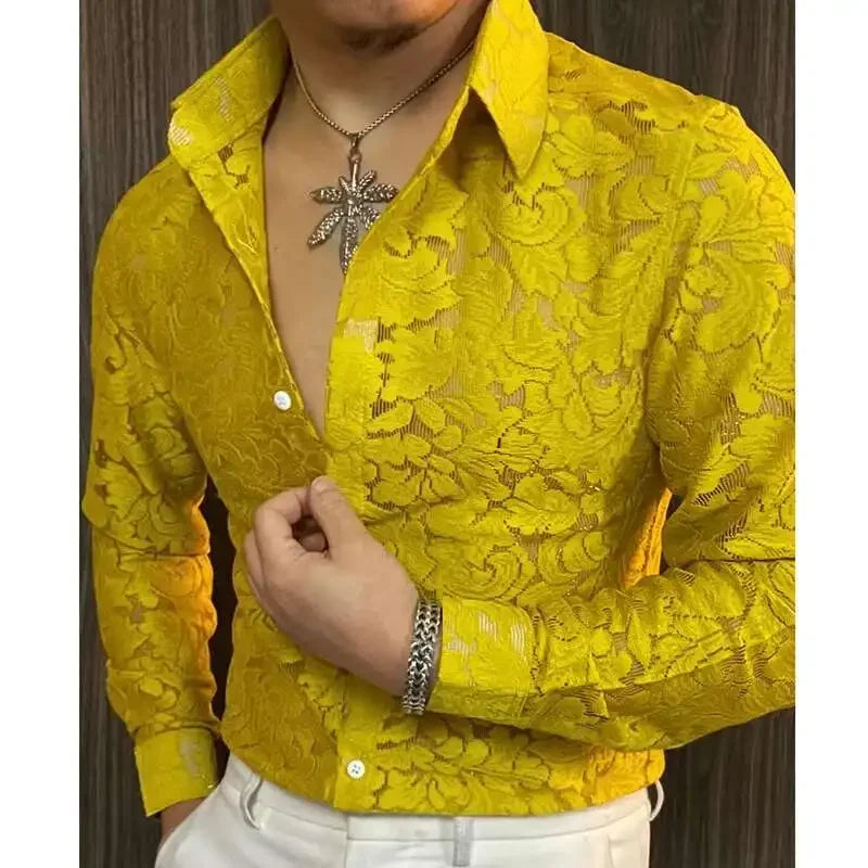 Men's Slim Fit Shirt Spring Transparent Long Sleeved Shirt Men Nightclub Sexy Casual Social Party Shirt