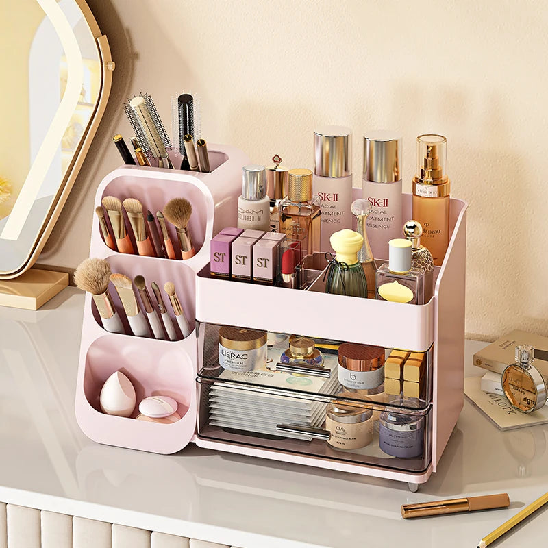 Cosmetics Storage Box, Large Capacity Desktop Dressing Table, Cosmetics Storage Rack With Oblique Plug-In Design Made Of ABS+PET