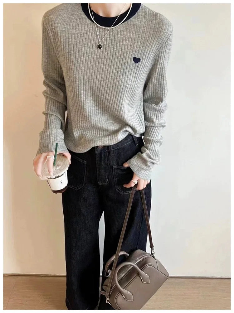 Women's Pullover Autumn/Winter 100% Wool Sweater Stitching Casual Knit Sweater Round Neck Tops Ladies Clothes Embroidery Blouse