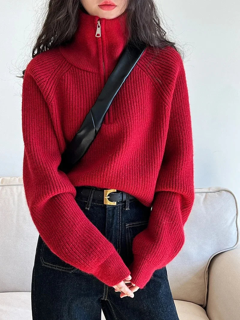 Autumn Winter  Zipper Sweaters Women Solid Color High Neck Knitted Pullover Solid Red Loose Turndown Collar Women's Turtleneck