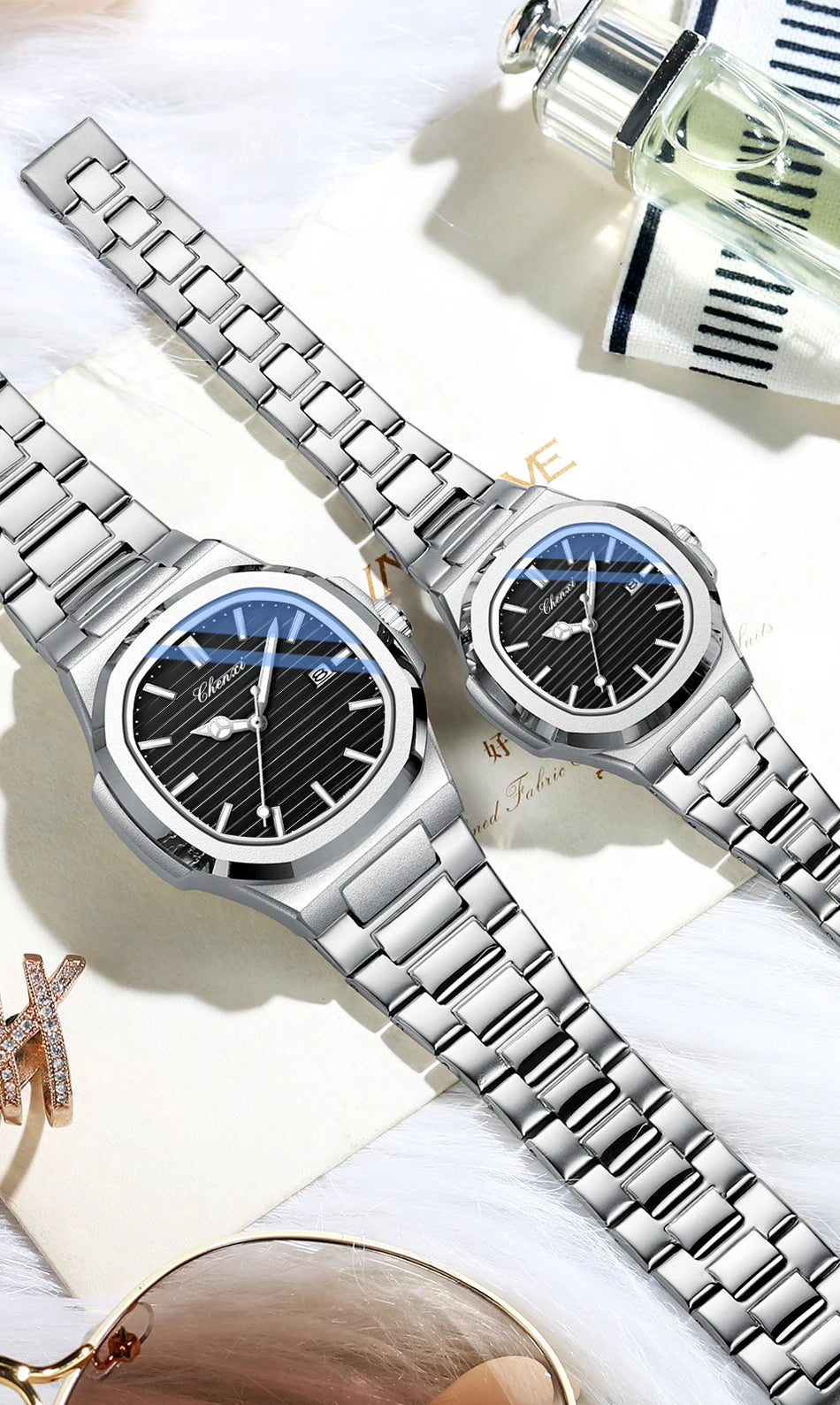 Fashion Couple Watches Men and Women Business Luxury Stainless Steel Quartz Wristwatch Waterproof Luminous Couple Watch Pair Set