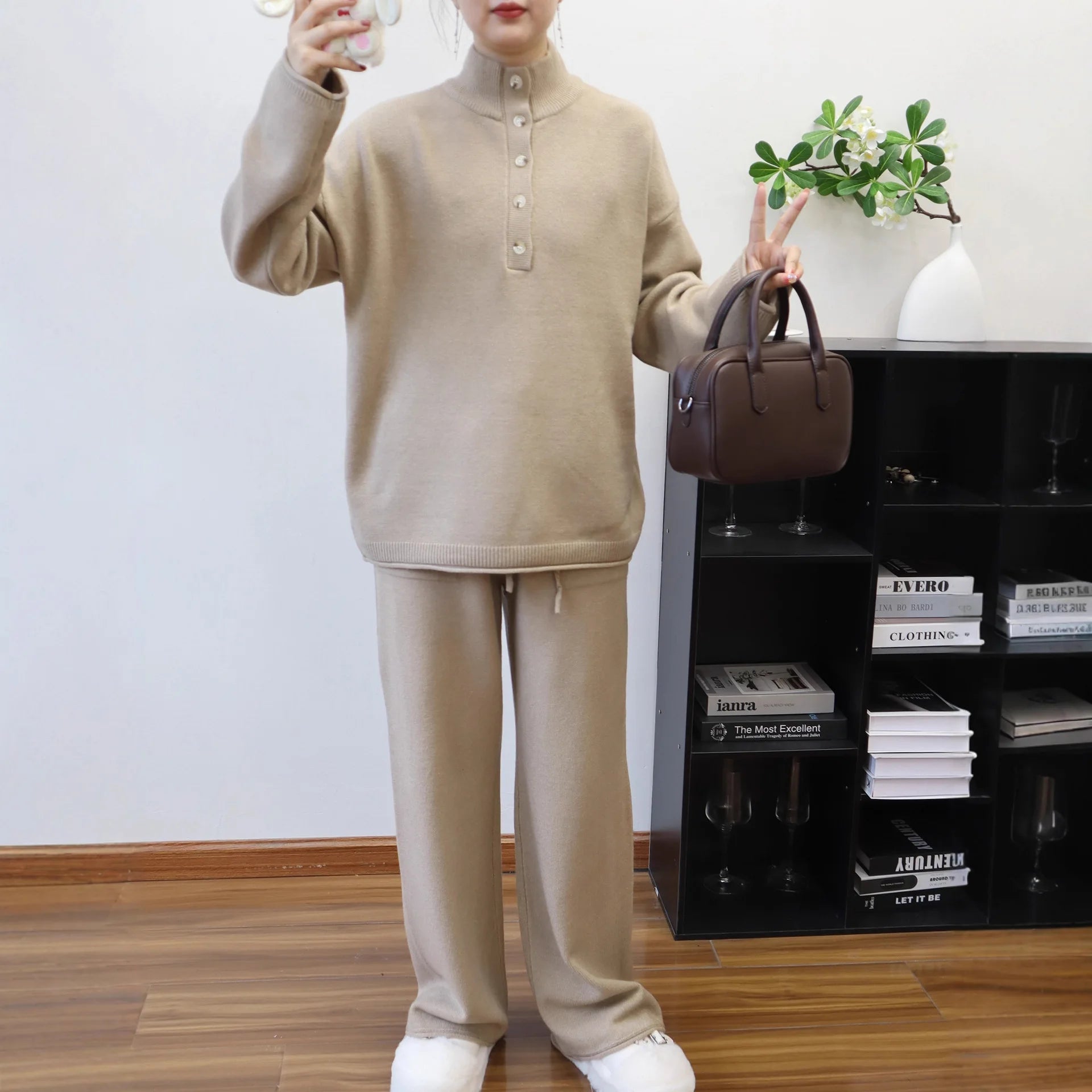 Pant Set Women Two Piece Sets Stand Collar Full Sleeve Knit Tops Wide Leg Long Pants Lace Up Elastic Waist Y2k Streetwear