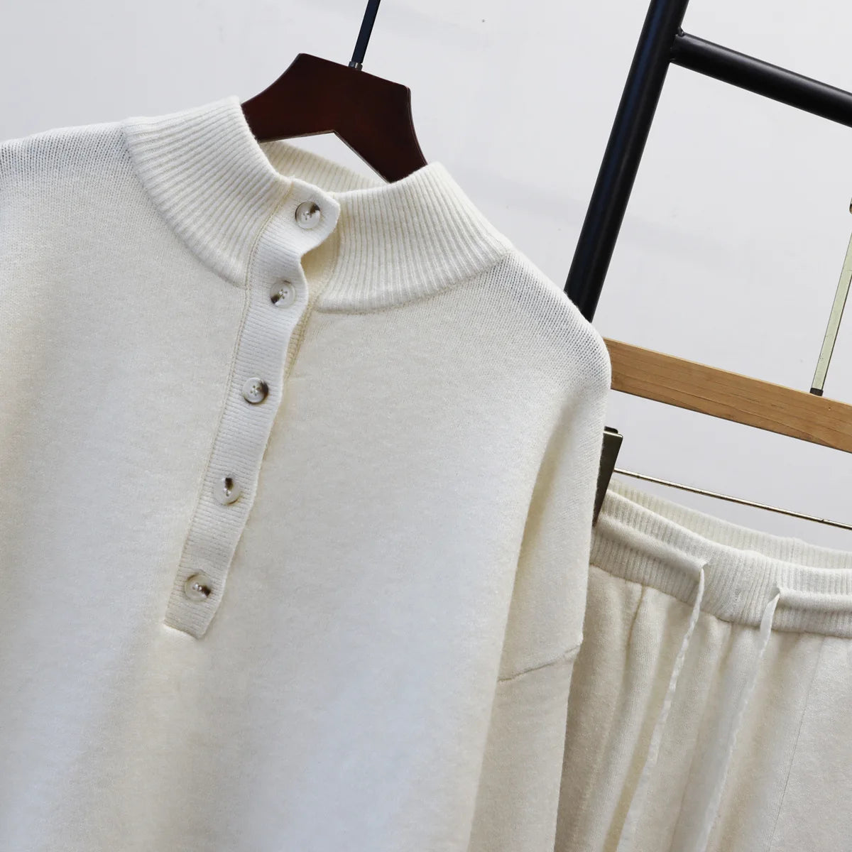 Pant Set Women Two Piece Sets Stand Collar Full Sleeve Knit Tops Wide Leg Long Pants Lace Up Elastic Waist Y2k Streetwear