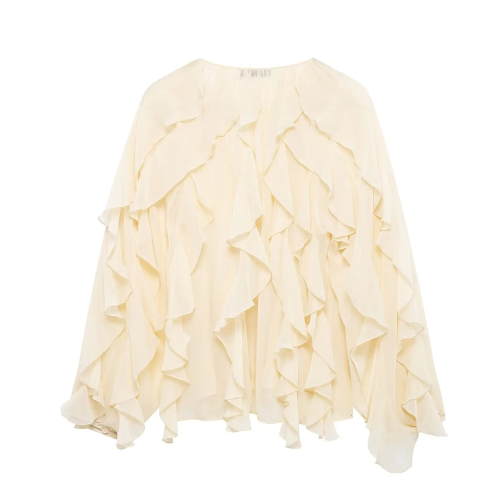 Women's Casual Ruffled Shirt Loose Lace Up Hollow Out V Neck Tops 2025 Spring Blouses Women Clothes