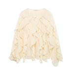 Women's Casual Ruffled Shirt Loose Lace Up Hollow Out V Neck Tops 2025 Spring Blouses Women Clothes