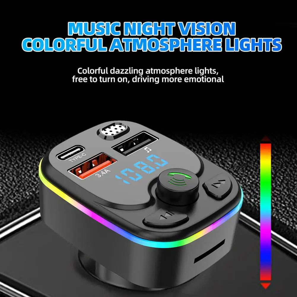 Handsfree Car Bluetooth 5.0 FM Transmitter PD Type-C Dual USB 3.4A Colorful Ambient Light MP3 Modulator Player 2023