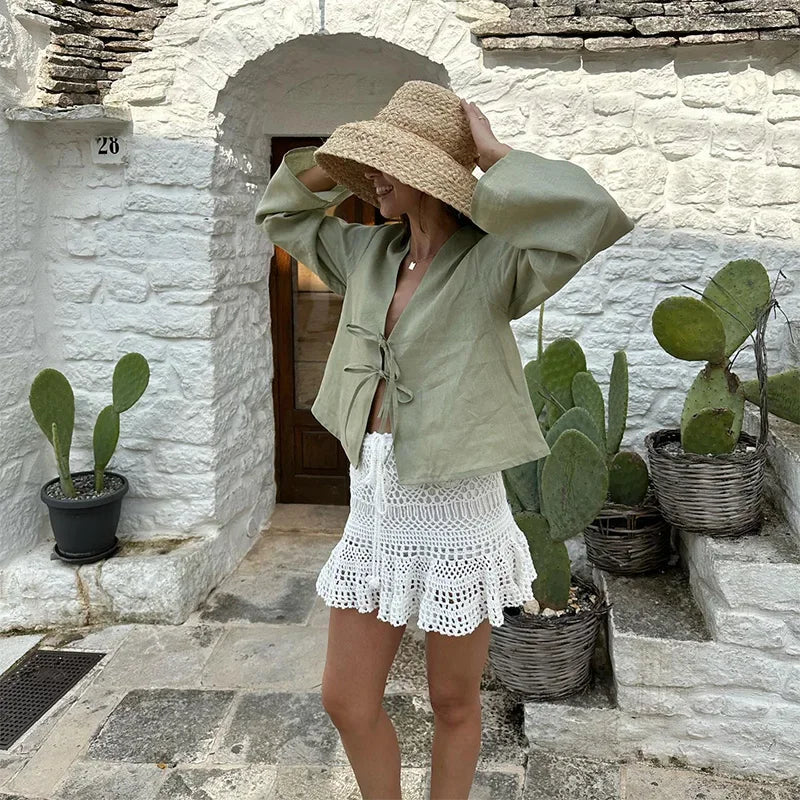 Casual Solid Lace Up Women Blouse Deep V-neck Long Sleeve Loose Female Shirt 2025 Spring Summer New Fashion Sweet Ladies Blouses