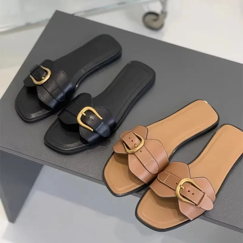 Slippers for Woman 2025 Summer Beach Flats Ladies Buckle Slides Gladiator Sandals Luxury Leather Mules Zapatos Mujer