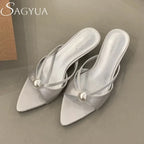 High Heels Slippers Women Bead Pointed Toe Sandals Shoes Summer 2025 Trend Sexy Open Toe Woman Brand Designer Sandalias Pumps