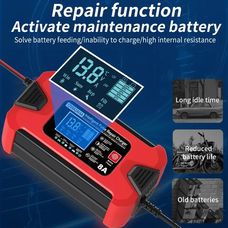Battery Charger 12V 8A  24V 4A Smart Fast Charging for Car Batteries 8-Stage Charge Pulse Repair for AGM GEL WET Lead Acid