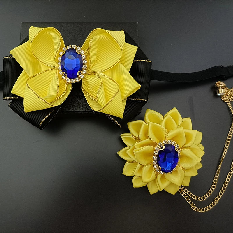Wedding Bow Tie Corsage Men's Business Banquet Concert Suit Shirts Accessories Jewelry High-end Crystal Collar Flower Brooch Set