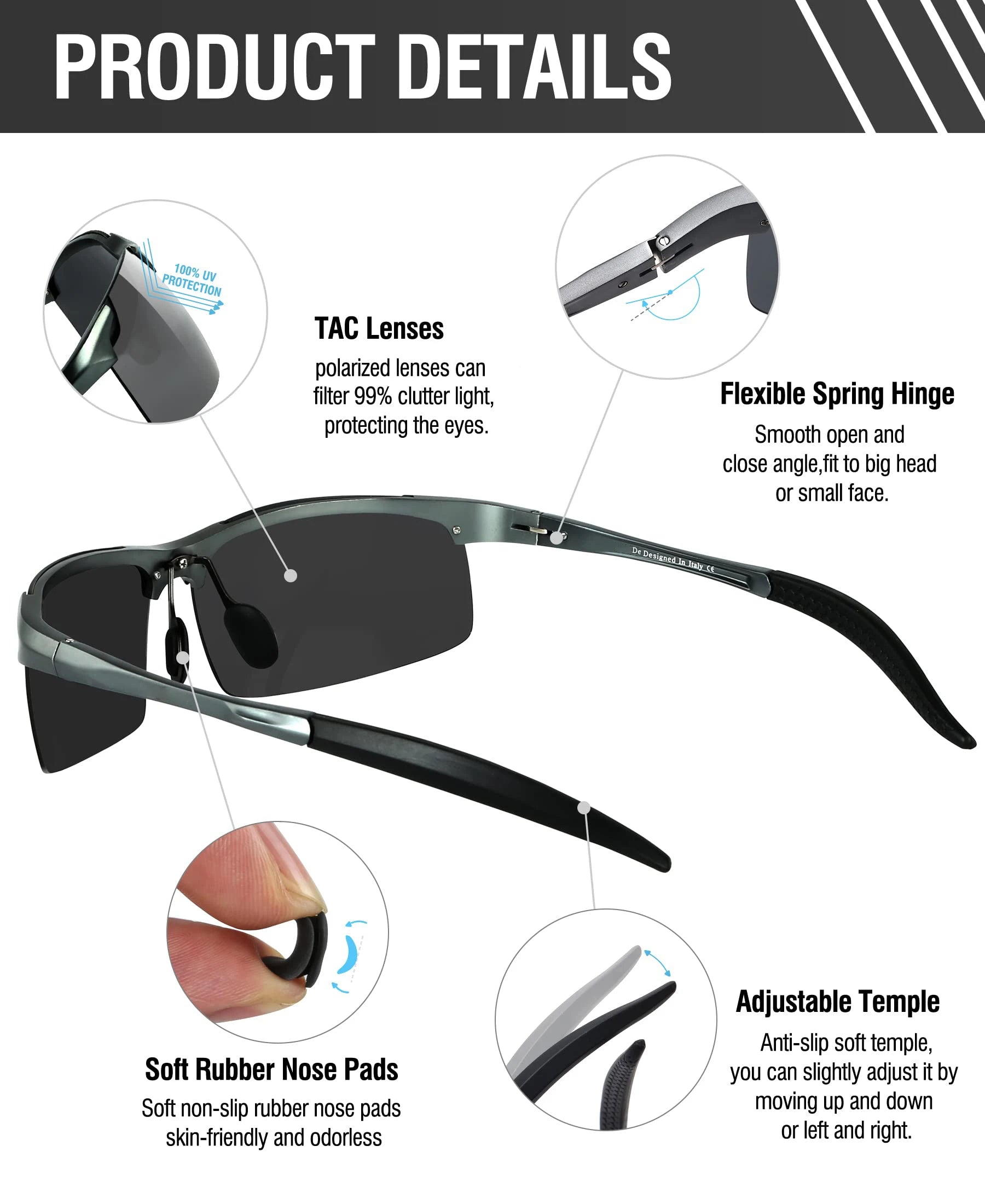 Fishing Sport Sunglasses Men Polarized UV400 Aluminum Rectangle Rimless Sun Glasses Photochromic Night Vision Eyewear