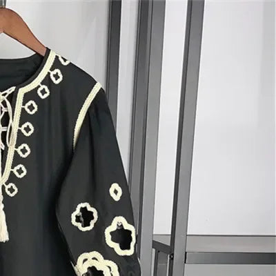 Women vintage embroidered mini dress tie half sleeve loose comfortable elegant ladies dress