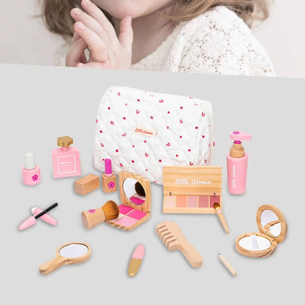 Makeup Toy Kits Wooden Makeup Toys with Cosmetic Bag for Girls Role Playing Games Pretend Play Makeup Beauty Set Birthday Gifts