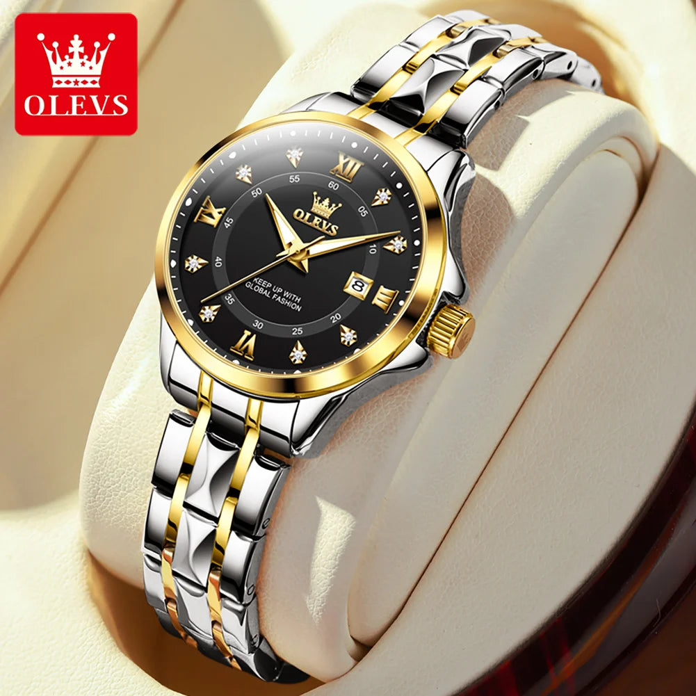 OLEVS 2906 Couple Watch Luxury Stainless Steel Waterproof Clock Fashion Roman Scale Diamond Calendar Dial Men Women Quartz Watch
