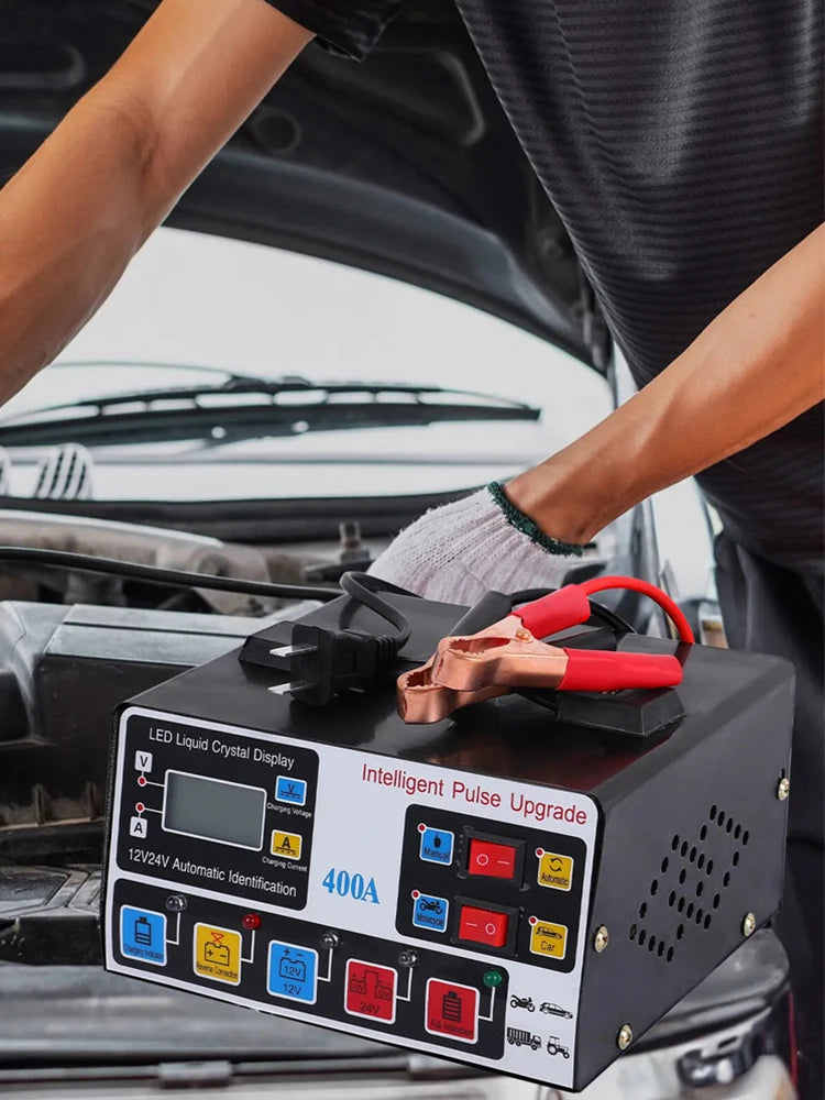 400A Car Battery Charger 220W Heavy Duty Smart Battery Charger 12V/24V Battery High Power Fast Charger Self-Stop Battery Charger